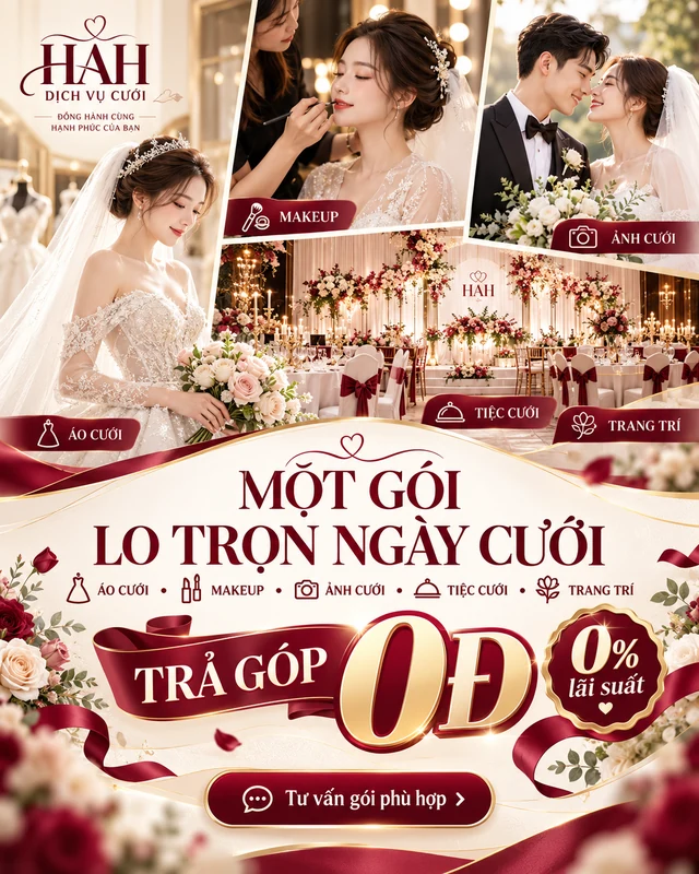 HAH: áo cưới, makeup, ảnh cưới, tiệc cưới và trang trí trong một gói; trả trước từ 0đ, lãi suất 0%.