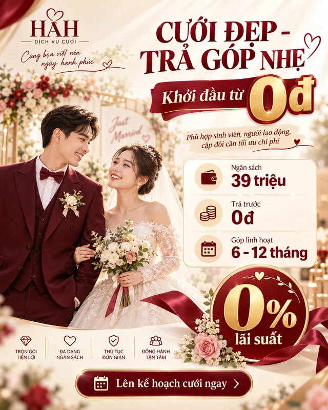 HAH: gói cưới ngân sách 39 triệu, trả trước từ 0đ, thanh toán linh hoạt 6 đến 12 tháng, lãi suất 0%.