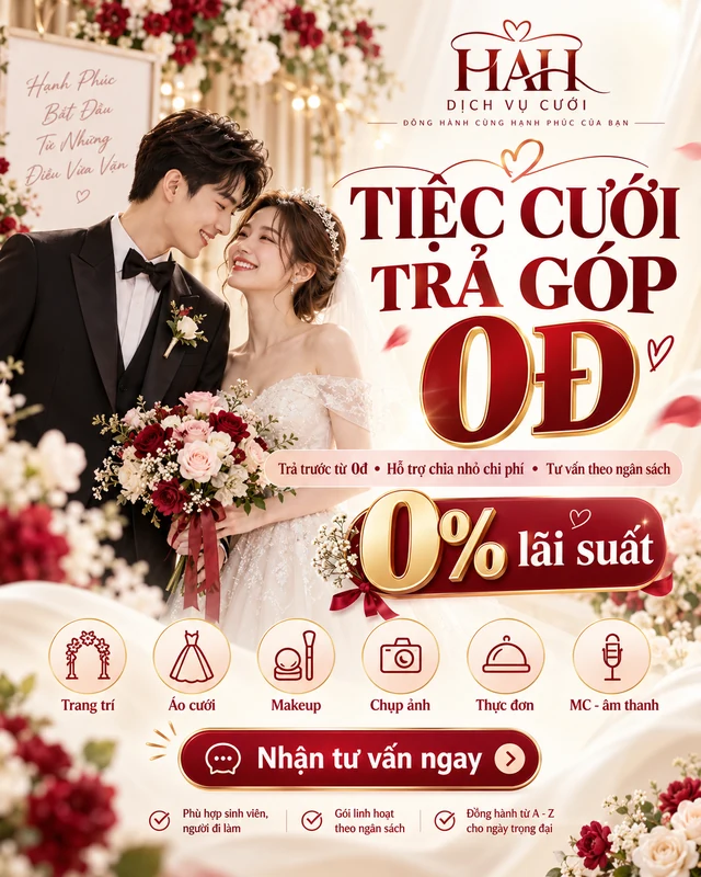 HAH: tiệc cưới trả góp, trả trước từ 0đ, lãi suất 0%; nhận tư vấn theo ngân sách.