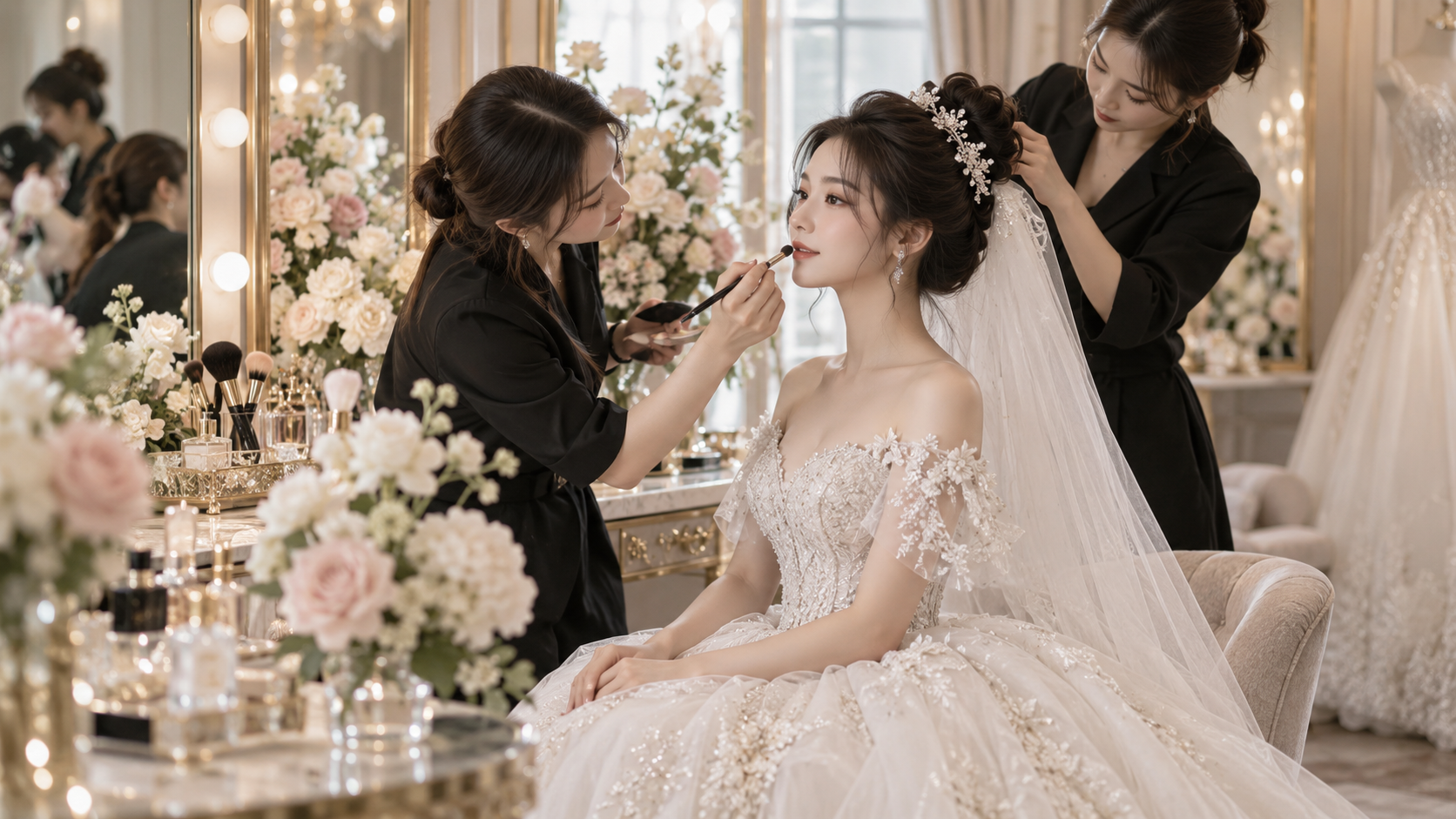 Cô dâu được chuẩn bị trang phục và trang điểm trong ngày cưới